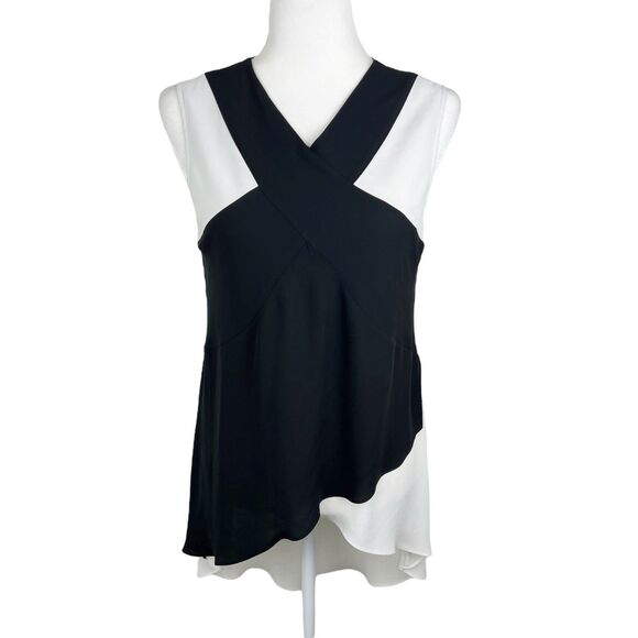 BCBG Max Azria Blouse Women Small Black White V-Neck Sleeveless Cross Print Top - Picture 1 of 13